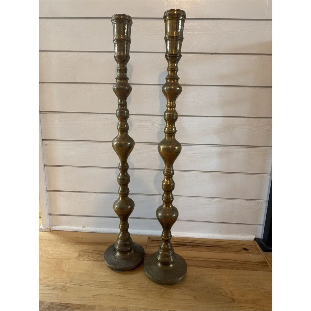 Pair Of Brass Floor Candle Holder Etched Church Pilar Candlestick Wedding ES0026